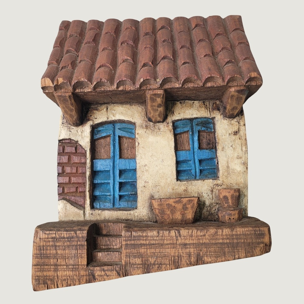 B. Faria Hand Carved Wood Wall Art Rustic House Cottage Blue Shutters Folk Art